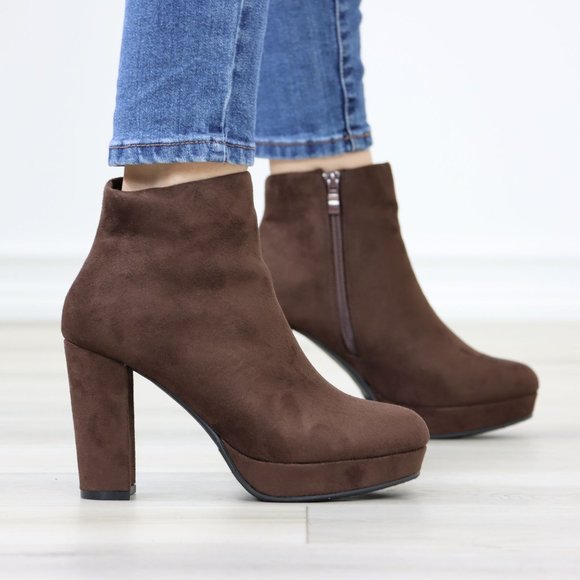 Brown Platform Suede Ankle Booties Block Heeled Boots - Picture 4 of 12